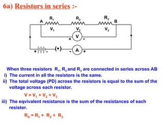 6a) Resistors in series :-
When three resistors R1, R2 and R3 are connected in series across AB
i) The current in all the resistors is the same.
ii) The total voltage (PD) across the resistors is equal to the sum of the
voltage across each resistor.
V = V1 + V2 + V3
iii) The eqvivalent resistance is the sum of the resistances of each
resistor.
RS = R1 + R2 + R3
( ) A
R1 R2
R3
+ +
-
-
V1 V2 V3
A B
V
+ -
 