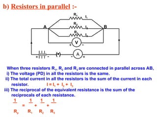 b) Resistors in parallel :-
When three resistors R1, R2 and R3 are connected in parallel across AB,
i) The voltage (PD) in all the resistors is the same.
ii) The total current in all the resistors is the sum of the current in each
resistor. I = I1 + I2 + I3
iii) The reciprocal of the equivalent resistance is the sum of the
reciprocals of each resistance.
1 1 1 1
= + +
Rp R1 R2 R3
R1
R3
R2
( ) A
I1
I2
I3
+
-
+ -
A B
V
+ -
 