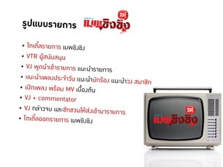 รูปแบบรายการ!
 !
 • ไตเติ้ลรายการ ๶มพขิงྺิงD
 • VTR ผูสนับสนุนD
 • VJ พูดนำเขารายการ แนะนำรายการD
• แนะนำเพลงประจำวัน แนะนำนักรอง แน
                                       ะนำวง สมาชิกD
• เปดเพลง พรอม MV เบื้องตนD
• VJ + commentatorD
• VJ กลาวจบ และชักชวนใหสงเขามาราย
                                      การD
• ไตเติ้ลออกรายการ ๶มพขิงྺิงD
 