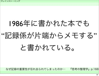 ブレインストーミング 
　 
1986年に書かれた本でも 
“記録係が片端からメモする” 
と書かれている。 
なぜ記録の重要性が忘れ去られてしまったのか… 　『思考の整理学』p.168 
　 
23 
 