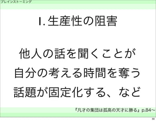 ブレインストーミング 
　 
1. 生産性の阻害 
他人の話を聞くことが 
自分の考える時間を奪う 
話題が固定化する、など 
『凡才の集団は孤高の天才に勝る』p.84～ 
　 
30 
 