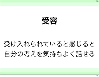 受容 
受け入れられていると感じると 
自分の考えを気持ちよく話せる 
　 
　 
　　 
10 
10 
 