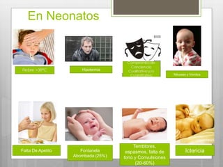 En Neonatos
Hipotermia
Náuseas y Vómitos
Falta De Apetito Fontanela
Abombada (25%)
Temblores,
espasmos, falta de
tono y Convulsiones
(20-60%)
Ictericia
 