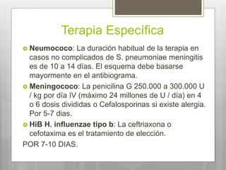 Terapia Específica
 Neumococo: La duración habitual de la terapia en
casos no complicados de S. pneumoniae meningitis
es de 10 a 14 días. El esquema debe basarse
mayormente en el antibiograma.
 Meningococo: La penicilina G 250.000 a 300.000 U
/ kg por día IV (máximo 24 millones de U / día) en 4
o 6 dosis divididas o Cefalosporinas si existe alergia.
Por 5-7 dias.
 HiB H. influenzae tipo b: La ceftriaxona o
cefotaxima es el tratamiento de elección.
POR 7-10 DIAS.
 