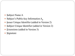  „Subject Name A
 „Subject’s Public-key Information Ap
 „Issuer Unique Identifier (added in Version 2)
 „Subject Unique Identifier (added in Version 2)
 „Extensions (added in Version 3)
 „Signature
 