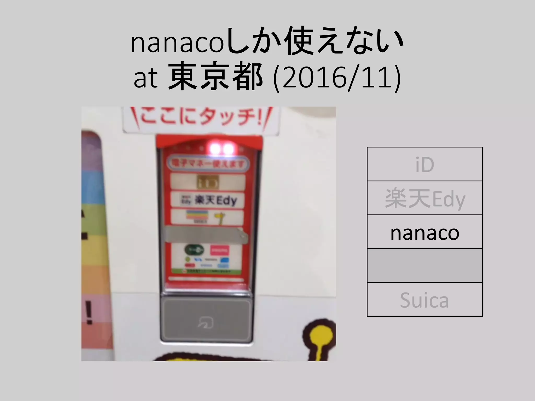 nanacoしか使えない
at 東京都 (2016/11)
iD
楽天Edy
nanaco
WAON
Suica
 