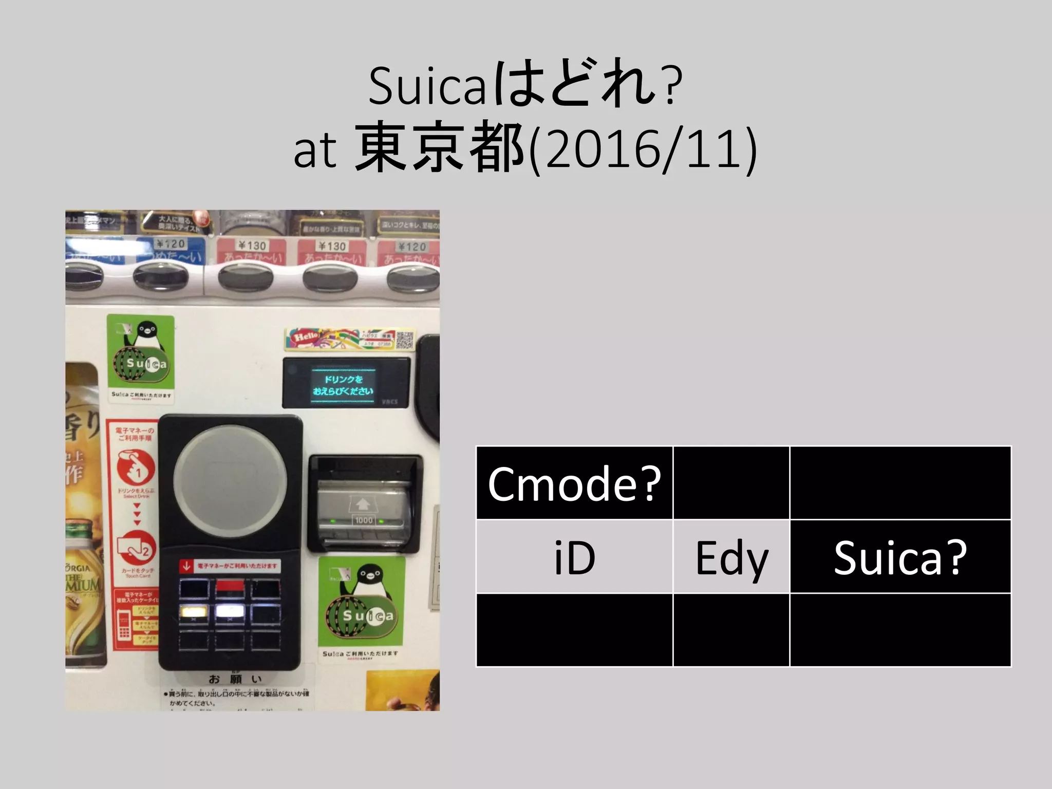 Suicaはどれ?
at 東京都(2016/11)
Cmode?
iD Edy Suica?
 