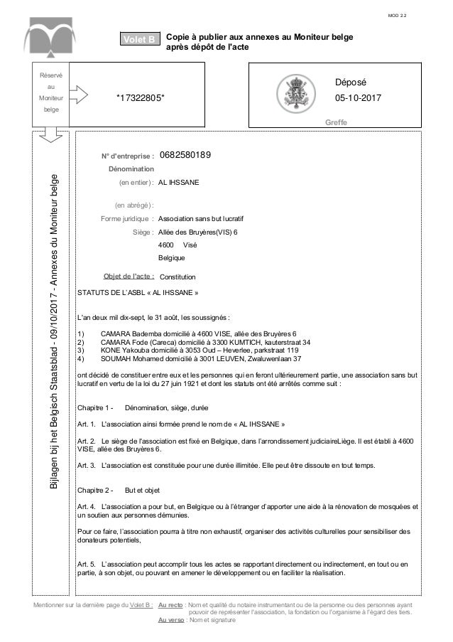 Asblo Constitution de l'asbl AL IHSSANE à Visé