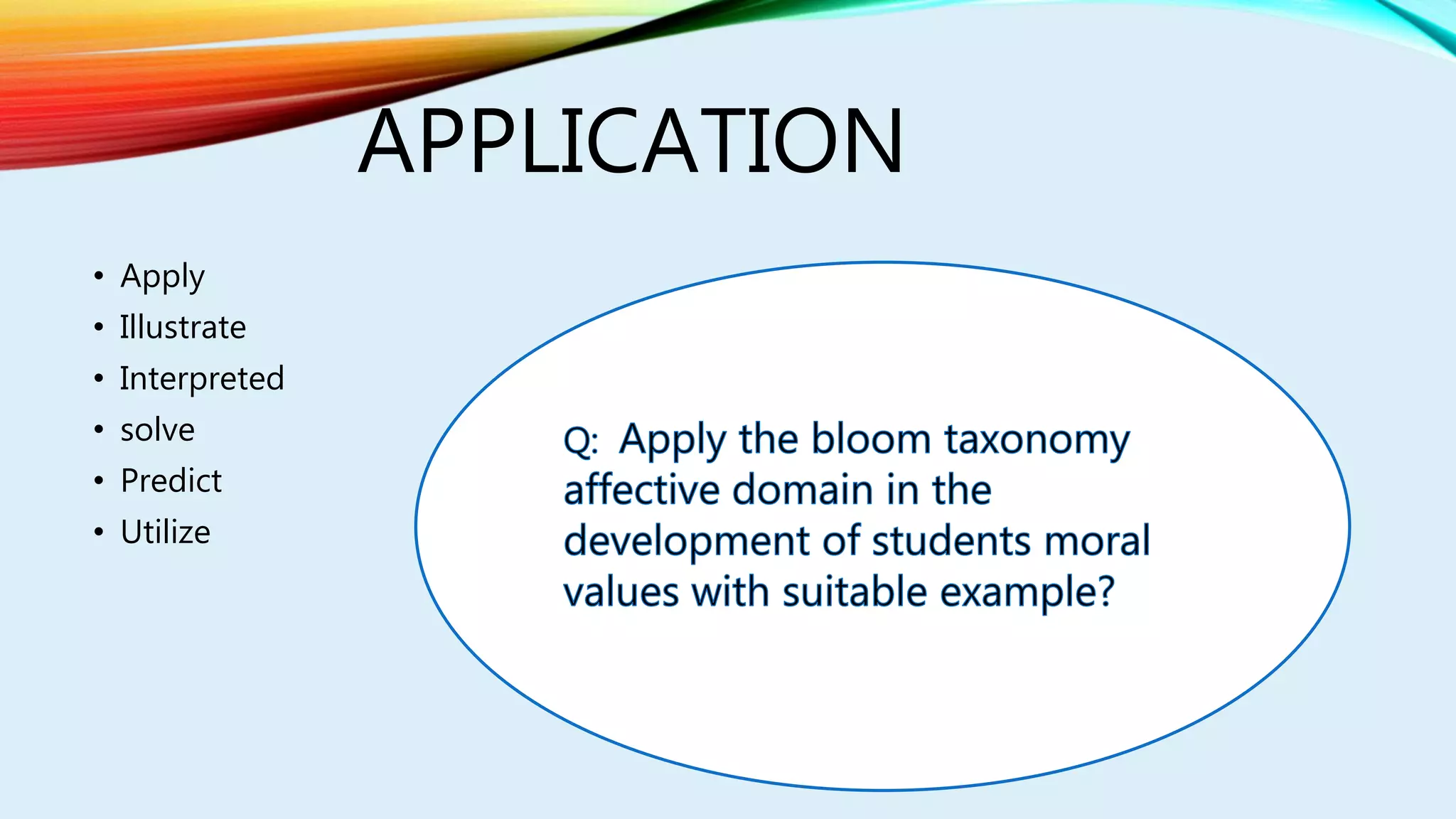 APPLICATION
• Apply
• Illustrate
• Interpreted
• solve
• Predict
• Utilize
 