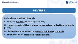 DEVERES
I - disciplina e respeito à hierarquia;
II - zelar pela dignidade da função policial civil;
III - manter conduta pública e privada compatível com a dignidade da função
policial;
IV - desempenhar suas funções com presteza, eficiência e probidade;
V - observar os prazos processuais e administrativos;
 