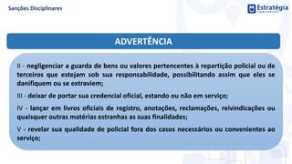 ADVERTÊNCIA
II - negligenciar a guarda de bens ou valores pertencentes à repartição policial ou de
terceiros que estejam sob sua responsabilidade, possibilitando assim que eles se
danifiquem ou se extraviem;
III - deixar de portar sua credencial oficial, estando ou não em serviço;
IV - lançar em livros oficiais de registro, anotações, reclamações, reivindicações ou
quaisquer outras matérias estranhas as suas finalidades;
V - revelar sua qualidade de policial fora dos casos necessários ou convenientes ao
serviço;
 