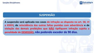 SUSPENSÃO
A suspensão será aplicada nos casos de infração ao disposto no art. 58, VI
a XXXIV, de reincidência das outras faltas punidas com advertência e de
violação das demais proibições que NÃO tipifiquem infração sujeita a
penalidade de DEMISSÃO, não podendo exceder de 90 dias.
 