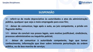 SUSPENSÃO
VI - referir-se de modo depreciativo às autoridades e atos da administração
pública, qualquer que seja o meio empregado para esse fim;
VII - deixar de comunicar, logo após o auto, ao juiz competente, a prisão em
flagrante delito;
VIII - deixar de concluir nos prazos legais, sem motivo justificável, sindicância,
processo administrativo ou inquérito policial;
IX - deixar de comunicar à autoridade competente, logo que tomar
conhecimento, informação que tiver sobre iminente perturbação da ordem
pública, ou da boa marcha de serviço;
 