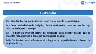 SUSPENSÃO
XIV - simular doença para esquivar-se ao cumprimento de obrigação;
XV - fazer uso indevido da insígnia, cédula funcional ou da arma que lhe haja
sido confiada para o serviço;
XVI - indicar ou insinuar nome de advogado para assistir pessoa que se
encontre respondendo a processo ou inquérito policial;
XVII - freqüentar, sem razão de serviço, lugares incompatíveis com o decoro da
função policial;
 