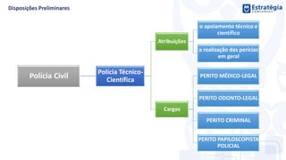 Polícia Civil
Polícia Técnico-
Científica
Atribuições
o apoiamento técnico e
científico
a realização das perícias
em geral
Cargos
PERITO MÉDICO-LEGAL
PERITO ODONTO-LEGAL
PERITO CRIMINAL
PERITO PAPILOSCOPISTA
POLICIAL
 