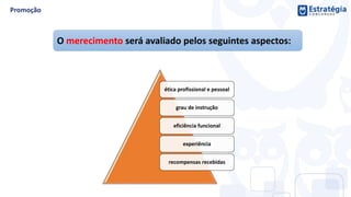O merecimento será avaliado pelos seguintes aspectos:
ética profissional e pessoal
grau de instrução
eficiência funcional
experiência
recompensas recebidas
 