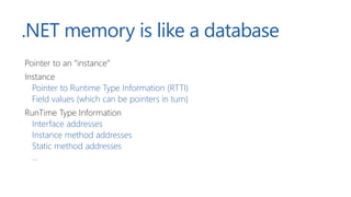 .NET memory is like a database
Pointer to an “instance”
Instance
Pointer to Runtime Type Information (RTTI)
Field values (...