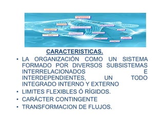 CARACTERISTICAS.
• LA ORGANIZACIÓN COMO UN SISTEMA
FORMADO POR DIVERSOS SUBSISTEMAS
INTERRELACIONADOS E
INTERDEPENDIENTES, UN TODO
INTEGRADO INTERNO Y EXTERNO
• LIMITES FLEXIBLES Ó RÍGIDOS.
• CARÁCTER CONTINGENTE
• TRANSFORMACION DE FLUJOS.
 