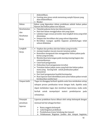 92
diidentifikasi,
 Gunting atau pisau untuk memotong sample hijauan yang
akan diidentifikasi.
 Masker
Bahan Bahan yang digunakan dalam praktikum adalah bahan pakan
hijauan dan bahan pakan non hijauan.
Keselamatan
dan
Kesehatan
Kerja
 Pakailah pakaian kerja (jas laboratorium)
 Hati-hati dalam menggunakan alat yang tajam
 Lakukan tugas sesuai prosedur atau langkah kerja yang telah
ditentukan
 Simpan dan bersihkan alat yang selesai digunakan
 Bersihkan ruangan apabila kegiatan praktek/tugas telah
selesai dilakukan
Langkah
Kerja
:  Siapkan dan periksa alat dan bahan yang tersedia.
 mempersiapkan macam-macam tanaman pakan
 Kemudian mengamati dan menggambar bahan pakan pada
kertas yang tersedia.
 Memberikan keterangan pada masing-masing bagian dan
sistematikannya
 Catat hasil pengamatan.
 Diskusikan hasil pengamatan tersebut
 Tentukan bahan pakan mana yang baik dan bahan pakan
mana yang kurang baik untuk pembuatan pakan
konsentrat
 Dari hasil pengamatan buatlah kesimpulan
 Buat laporan hasil identifikasi jenis-jenis bahan pakan ternak
berdasarkan sumbernya!
Umpan balik Tugas ini dianggap berhasil apabila anda bisa melakukan setiap
tahapan proses pembuatan terasi dengan baik. Apabila anda
dapat melakukan tugas dan membuat laporannya, maka anda
berhak untuk mempelajari materi pembelajaran pada
selanjutnya.
Petunjuk
penulisan
laporan
Laporan praktikum harus dibuat oleh setiap kelompok dengan
memuat hal-hal sebagai berikut :
 Nama anggota kelompok
 Judul kegiatan praktikum
 Pendahuluan (Latar belakang dan tujuan)
 Pelaksanaan Kegiatan (waktu dan tempat kegiatan,
 