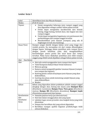 123
Lembar Kerja 3
Judul : Identifikasi Jenis dan Macam Rumput
Waktu : JP @ 45 menit
Tujuan :  Untuk mengetahui beberapa jenis rumput unggul yang
bisa digunakan sebagai sumber bahan pakan ternak.
 Untuk dapat mengetahui karakteristik dari bentuk
batang, tinggi batang, bentuk daun, dan bagian lain dari
rumput unggul.
 Untuk dapat mengetahui bagaimana cara pertunasan dan
perkembangan dari rumput unggul tersebut
 Menidentifikasi jenis hijauan (rumput) yang ada di
lingkungan ternak atau kandang).
Dasar Teori Rumput sangat identik dengan bahan serat yang tinggi dan
rendah protein. Itu merupakan ciri dari rumpu dibandingkan
dengan legum. Sehingga dalam pemilihan jenis rumput harus
dengan penuh ketelitian yaitu dala mengidentifikasi
keseimbangan antara protin dan serat kasar dari rumpu
tersebut. Maka harus dilakukan pemilihan jenis bibit rumput
unggul yang efektif untuk dijadikan sebagai bahan pakan ternak.
Alat Dan Bahan
Alat :  Alat tulis untuk menggambar jenis rumput dan legum
 Tabel Komposisi Bahan Pakan Untuk Indonesia
 Meteran gulung
 Kamera untuk mengambil gambar tanaman hijauan (rumput,
non rumput dan legume),
 Kantong plastic untuk menyimpan jenis hijauan yang akan
diidentifikasi,
 Gunting atau pisau untuk memotong sample hijauan yang
akan diidentifikasi.
 Masker
Bahan Bahan yang digunakan dalam praktikum adalah rumput unggul
(lengkap dengan akar, batang dan daun) yaitu Rumput Ruzi
(Brachiaria ruziziensis), Rumpu Para/ Para grass (Brachiaria
mutica), Rumpu BD (Brachiaria decumbens), Rumput Gajah
(Pennisetum purpureum) dan lainnya
Keselamatan
dan
Kesehatan
Kerja
 Pakailah pakaian kerja (jas laboratorium)
 Hati-hati dalam menggunakan alat yang tajam
 Lakukan tugas sesuai prosedur atau langkah kerja yang telah
ditentukan
 Simpan dan bersihkan alat yang selesai digunakan
 Bersihkan ruangan apabila kegiatan praktek/tugas telah
selesai dilakukan
 