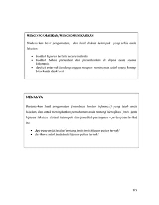 125
MENANYA
Berdasarkan hasil pengamatan (membaca lembar informasi) yang telah anda
lakukan, dan untuk meningkatkan pemahaman anda tentang identifikasi jenis –jenis
hijauan lakukan diskusi kelompok dan jawablah pertanyaan – pertanyaan berikut
ini:
 Apa yang anda ketahui tentang jenis-jenis hijauan pakan ternak!
 Berikan contoh jenis-jenis hijauan pakan ternak!
MENGINFORMASIKAN/MENGKOMUNIKASIKAN
Berdasarkan hasil pengamatan, dan hasil diskusi kelompok yang telah anda
lakukan:
 buatlah laporan tertulis secara individu
 buatlah bahan presentasi dan presentasikan di depan kelas secara
kelompok.
 Apakah peternak kandang unggas maupun ruminansia sudah sesuai konsep
biosekuriti struktural
 