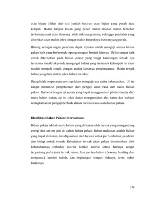 129
atau bijian dilihat dari sisi jumlah butiran atau bijian yang pecah atau
keriput. Makin banyak bijian yang pecah makin mudah bahan tersebut
terkontaminasi atau diserang oleh mikroorganisma, sehingga penilaian yang
diberikan akan makin jelek dengan makin banyaknya butiran yang pecah.
Hidung sebagai organ pencium dapat dipakai untuk menguji semua bahan
pakan baik yang berbentuk tepung maupun bentuk lainnya. Uji ini sangat baik
untuk diterapkan pada bahan pakan yang tinggi kandungan lemak nya
terutama lemak tak jenuh, mengingat bahan yang termasuk kelompok ini akan
mudah menjadi tengik dengan makin lamanya penyimpanan. Makin tengik
bahan yang diuji makin jelek bahan tersebut.
Ujung lidah berperanan penting dalam menguji rasa suatu bahan pakan. Uji ini
sangat menuntut pengetahuan dari penguji akan rasa dari suatu bahan
pakan. Berbeda dengan uji warna yang dapat menggunakan photo standar dari
suatu bahan pakan, uji ini tidak dapat menggunakan alat bantu dan bahkan
seringkali antar penguji berbeda dalam menilai rasa suatu bahan pakan.
Klasifikasi Bahan Pakan Internasional
Bahan pakan adalah suatu bahan yang dimakan oleh ternak yang mengandung
energi dan zat-zat gizi di dalam bahan pakan. Bahan makanan adalah bahan
yang dapat dimakan, dan digunakan oleh hewan untuk pertumbuhan, produksi
dan hidup pokok ternak. Kebutuhan ternak akan pakan dicerminkan oleh
kebutuhannya terhadap nutrisi. Jumlah nutrisi setiap harinya sangat
tergantung pada jenis ternak, umur, fase pertumbuhan (dewasa, bunting dan
menyusui), kondisi tubuh, dan lingkungan tempat hidupya, serta bobot
badannya
 