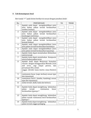 5
F. Cek Kemampuan Awal
Beri tanda “” pada kolom berikut ini sesuai dengan jawaban Anda!
No. PERTANYAAN YA TIDAK
1 Apakah anda dapat mengidentifikasi jenis
jenis bahan pakan ternak berdasarkan
sumber/asalnya,
2 Apakah anda dapat mengidentifikasi jenis
jenis bahan pakan ternak berdasarkan
kandungan nutrisinya
3 Apakah anda dapat mengidentifikasi jenis
jenis bahan pakan ternak berdasarkan
bentuk fisiknya
4 Apakah anda dapat mengidentifikasi Jenis
jenis pakan ternak berdasarkan bentuknya
5 Apakah anda dapat mengidentifikasi Jenis
jenis pakan ternak berdasarkan tujuannya
6 Apakah Anda dapat menjelaskan Kebutuhan
nutrisi ternak
7 Apakah Anda dapat menjelaskan Komposisi
nutrisi bahan pakan terna
8 Apakah Anda dapat Menyusun formulasi
ransum dengan menggunakan Metode ( trial
and error, segi empat person, dan
persamaan XY), untuk:
a. unggas (broiler masa starter, masa finister)
?
9b. ruminansia besar (sapi, kerbau) sesuai type
dan tujuannya)
10c. ruminansia kecil ( domba, kambing) sesuai
type dan tujuannya)
11d. aneka ternak (babi, kuda dan kelinci)
12 Apakah Anda dapat menghitung kebutuhan
pakan ternak ruminansia besar
berdasarkan typenya ?
13 Apakah Anda dapat menghitung kebutuhan
pakan ternak ruminansia kecil berdasarkan
typenya ?
14 Apakah Anda dapat menghitung kebutuhan
pakan ternak unggas pedaging
 