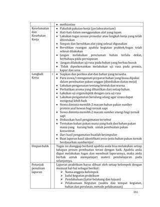151
 methionine
Keselamatan
dan
Kesehatan
Kerja
 Pakailah pakaian kerja (jas laboratorium)
 Hati-hati dalam menggunakan alat yang tajam
 Lakukan tugas sesuai prosedur atau langkah kerja yang telah
ditentukan
 Simpan dan bersihkan alat yang selesai digunakan
 Bersihkan ruangan apabila kegiatan praktek/tugas telah
selesai dilakukan
 Jangan melakukan penciuman bahan terlalu dekat,
berbahaya pada pernapasan
 Jangan dilakukan uji rasa pada bahan yang berbau busuk
 Tidak diperkenankan melakukan uji rasa pada premix,
kapur dan urea
Langkah
Kerja
:  Siapkan dan periksa alat dan bahan yang tersedia.
 Para siswa/i mengamati preparat bahan yang biasa dipakai
dalam pembuatan pakan unggas (disediakan diatas meja)
 Lakukan pengamatan tentang bentuk dan warna.
 Perhatikan aroma yang dihasilkan dari setiap bahan
 Lakukan uji organoleptik dengan cara uji rasa
 Lakukan pengamatan berulang-ulang agar siswa dapat
mengenal lebih baik
 Siswa diminta memilih 2 macam bahan pakan sumber
protein asal hewan bagi ternak sapi
 Siswa diminta memilih 2 macam sumber energi bagi ternak
sapi
 Diskusikan hasil pengamatan tersebut
 Tentukan bahan pakan mana yang baik dan bahan pakan
mana yang kurang baik untuk pembuatan pakan
konsentrat
 Dari hasil pengamatan buatlah kesimpulan
 Buat laporan hasil identifikasi jenis-jenis bahan pakan ternak
berdasarkan sumbernya!
Umpan balik Tugas ini dianggap berhasil apabila anda bisa melakukan setiap
tahapan proses pembuatan terasi dengan baik. Apabila anda
dapat melakukan tugas dan membuat laporannya, maka anda
berhak untuk mempelajari materi pembelajaran pada
selanjutnya.
Petunjuk
penulisan
laporan
Laporan praktikum harus dibuat oleh setiap kelompok dengan
memuat hal-hal sebagai berikut :
 Nama anggota kelompok
 Judul kegiatan praktikum
 Pendahuluan (Latar belakang dan tujuan)
 Pelaksanaan Kegiatan (waktu dan tempat kegiatan,
bahan dan peralatan, metode pelaksanaan)
 