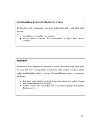 161
MENGINFORMASIKAN/MENGKOMUNIKASIKAN
Berdasarkan hasil pengamatan, dan hasil diskusi kelompok yang telah anda
lakukan:
 buatlah laporan tertulis secara individu
 buatlah bahan presentasi dan presentasikan di depan kelas secara
kelompok.
MENANYA
Berdasarkan hasil pengamatan (membaca lembar informasi) yang telah anda
lakukan, dan untuk meningkatkan pemahaman anda tentang jenis-jenis bahan
pakan ternak lakukan diskusi kelompok dan jawablah pertanyaan – pertanyaan
berikut ini:
 Apa yang anda ketahui tentang jenis–jenis bahan dan pakan ternak
berdasarkan bentuk dan tujuannya!
 Berikan contoh jenis–jenis bahan dan pakan ternak berdasarkan bentuk
dan tujuannya!
 