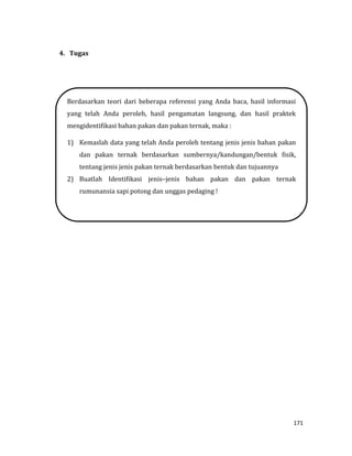 171
4. Tugas
Berdasarkan teori dari beberapa referensi yang Anda baca, hasil informasi
yang telah Anda peroleh, hasil pengamatan langsung, dan hasil praktek
mengidentifikasi bahan pakan dan pakan ternak, maka :
1) Kemaslah data yang telah Anda peroleh tentang jenis jenis bahan pakan
dan pakan ternak berdasarkan sumbernya/kandungan/bentuk fisik,
tentang jenis jenis pakan ternak berdasarkan bentuk dan tujuannya
2) Buatlah Identifikasi jenis–jenis bahan pakan dan pakan ternak
rumunansia sapi potong dan unggas pedaging !
 