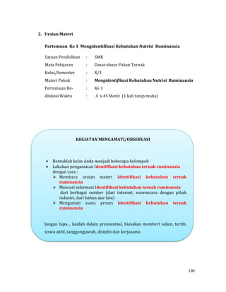 190
2. Uraian Materi
Pertemuan Ke 1 Mengidentifikasi Kebutuhan Nutrisi Ruminansia
Satuan Pendidikan : SMK
Mata Pelajaran : Dasar-dasar Pakan Ternak
Kelas/Semester : X/1
Materi Pokok : Mengidentifikasi Kebutuhan Nutrisi Ruminansia
Pertemuan Ke- : Ke 1
Alokasi Waktu : 4 x 45 Menit (1 kali tatap muka)
KEGIATAN MENGAMATI/OBSERVASI
 Bentuklah kelas Anda menjadi beberapa kelompok
 Lakukan pengamatan Identifikasi kebutuhan ternak ruminansia
dengan cara :
 Membaca uraian materi Identifikasi kebutuhan ternak
ruminansia
 Mencari informasi Identifikasi kebutuhan ternak ruminansia
dari berbagai sumber (dari internet, wawancara dengan pihak
industri, dari bahan ajar lain)
 Mengamati suatu proses Identifikasi kebutuhan ternak
ruminansia
Jangan lupa… kaidah dalam prensentasi, biasakan memberi salam, tertib,
siswa aktif, tanggungjawab, disiplin dan kerjasama
 