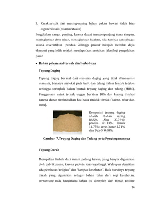 14
3. Karakteristik dari masing-masing bahan pakan hewani tidak bisa
digeneralisasi (disamaratakan)
Pengolahan sangat penting, karena dapat memperpanjang masa simpan,
meningkatkan daya tahan, meningkatkan kualitas, nilai tambah dan sebagai
sarana diversifikasi produk. Sehingga produk menjadi memiliki daya
ekonomi yang lebih setelah mendapatkan sentuhan teknologi pengolahan
pakan
 Bahan pakan asal ternak dan limbahnya
Tepung Daging
Tepung daging berasal dari sisa-sisa daging yang tidak dikonsumsi
manusia, biasanya melekat pada kulit dan tulang dalam bentuk tetelan
sehingga seringkali dalam bentuk tepung daging dan tulang (MBM).
Penggunaan untuk ternak unggas berkisar 10% dan kurang disukai
karena dapat menimbulkan bau pada produk ternak (daging, telur dan
susu).
Komposisi tepung daging
adalah: Bahan kering
88.5%; Abu 27.73%;
protein 61.13%; lemak
11.75%; serat kasar 2.71%
dan Beta-N 0.68%.
Gambar 7. Tepung Daging dan Tulang serta Penyimpanannya
Tepung Darah
Merupakan limbah dari rumah potong hewan, yang banyak digunakan
oleh pabrik pakan, karena protein kasarnya tinggi. Walaupun demikian
ada pembatas “religius” dan “dampak kesehatan”. Baik buruknya tepung
darah yang digunakan sebagai bahan baku dari segi kesehatan,
tergantung pada bagaimana bahan itu diperoleh dari rumah potong
 