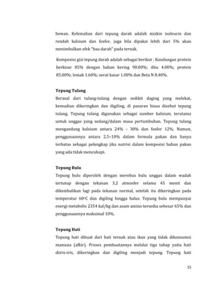 15
hewan. Kelemahan dari tepung darah adalah miskin isoleucin dan
rendah kalsium dan fosfor, juga bila dipakai lebih dari 5% akan
menimbulkan efek “bau darah” pada ternak.
Komposisi gizi tepung darah adalah sebagai berikut : Kandungan protein
berkisar 85% dengan bahan kering 90.00%; Abu 4.00%; protein
85.00%; lemak 1.60%; serat kasar 1.00% dan Beta N 8.40%.
Tepung Tulang
Berasal dari tulang-tulang dengan sedikit daging yang melekat,
kemudian dikeringkan dan digiling, di pasaran biasa disebut tepung
tulang. Tepung tulang digunakan sebagai sumber kalsium, terutama
untuk unggas yang sedang/dalam masa pertumbuhan. Tepung tulang
mengandung kalsium antara 24% - 30% dan fosfor 12%. Namun,
penggunaannya antara 2,5–10% dalam formula pakan dan hanya
terbatas sebagai pelengkap jika nutrisi dalam komposisi bahan pakan
yang ada tidak mencukupi.
Tepung Bulu
Tepung bulu diperoleh dengan merebus bulu unggas dalam wadah
tertutup dengan tekanan 3,2 atmosfer selama 45 menit dan
dikembalikan lagi pada tekanan normal, setelah itu dikeringkan pada
temperatur 60oC dan digiling hingga halus. Tepung bulu mempunyai
energi metabolis 2354 kal/kg dan asam amino tersedia sebesar 65% dan
penggunaannya maksimal 10%.
Tepung Hati
Tepung hati dibuat dari hati ternak atau ikan yang tidak dikonsumsi
manusia (afkir). Proses pembuatannya melalui tiga tahap yaitu hati
diiris-iris, dikeringkan dan digiling menjadi tepung. Tepung hati
 