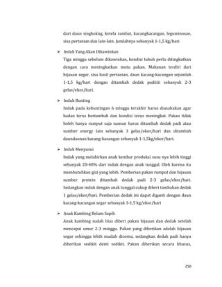250
dari daun singkokng, ketela rambat, kacangkacangan, leguminosae,
sisa pertanian dan lain-lain. Jumlahnya sebanyak 1-1,5 kg/hari
 Induk Yang Akan Dikawinkan
Tiga minggu sebelum dikawinkan, kondisi tubuh perlu ditingkatkan
dengan cara meningkatkan mutu pakan. Makanan terdiri dari
hijauan segar, sisa hasil pertanian, daun kacang-kacangan sejumlah
1-1,5 kg/hari dengan ditambah dedak padiiiii sebanyak 2-3
gelas/ekor/hari.
 Induk Bunting
Induk pada kebuntingan 6 minggu terakhir harus diusahakan agar
badan terus bertambah dan kondisi terus meningkat. Pakan tidak
boleh hanya rumput saja namun harus ditambah dedak padi atau
sumber energy lain sebanyak 3 gelas/ekor/hari dan ditambah
daundaunan kacang-kacangan sebanyak 1-1,5kg/ekor/hari.
 Induk Menyusui
Induk yang melahirkan anak kembar produksi susu nya lebih tinggi
sebanyak 20-40% dari induk dengan anak tunggal. Oleh karena itu
membutuhkan gizi yang lebih. Pemberian pakan rumput dan hijauan
sumber protein ditambah dedak padi 2-3 gelas/ekor/hari.
Sedangkan induk dengan anak tunggal cukup diberi tambahan dedak
1 gelas/ekor/hari. Pemberian dedak ini dapat diganti dengan daun
kacang-kacangan segar sebanyak 1-1,5 kg/ekor/hari
 Anak Kambing Belum Sapih
Anak kambing sudah bias diberi pakan hijauan dan dedak setelah
mencapai umur 2-3 minggu. Pakan yang diberikan adalah hijauan
segar sehingga lebih mudah dicerna, sedangkan dedak padi hanya
diberikan sedikit demi sedikit. Pakan diberikan secara khusus,
 