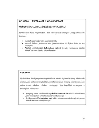 284
MENGOLAH INFORMASI / MENGASOSIASI
MENGINFORMASIKAN/MENGKOMUNIKASIKAN
Berdasarkan hasil pengamatan, dan hasil diskusi kelompok yang telah anda
lakukan:
 buatlah laporan tertulis secara individu
 buatlah bahan presentasi dan presentasikan di depan kelas secara
kelompok.
 Apakah perhitungan kebutuhan nutrisi ternak ruminansia sudah
sesuai dengan tujuan pemeliharaan
MENANYA
Berdasarkan hasil pengamatan (membaca lembar informasi) yang telah anda
lakukan, dan untuk meningkatkan pemahaman anda tentang jenis-jenis bahan
pakan ternak lakukan diskusi kelompok dan jawablah pertanyaan –
pertanyaan berikut ini:
 Apa yang anda ketahui tentang kebutuhan nutrisi ternak ruminansia
jenis-jenis pakan ternak berdasarkan tujuannya !
 Berikan contoh kebutuhan nutrisi ternak ruminansia jenis-jenis pakan
ternak berdasarkan tujuannya !
 