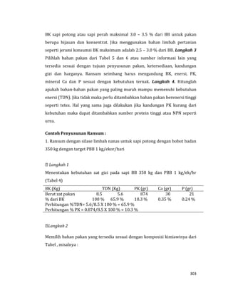 303
BK sapi potong atau sapi perah maksimal 3.0 – 3.5 % dari BB untuk pakan
berupa hijauan dan konsentrat. Jika menggunakan bahan limbah pertanian
seperti jerami konsumsi BK maksimum adalah 2.5 – 3.0 % dari BB. Langkah 3
Pilihlah bahan pakan dari Tabel 5 dan 6 atau sumber informasi lain yang
tersedia sesuai dengan tujuan penyusunan pakan, ketersediaan, kandungan
gizi dan harganya. Ransum seimbang harus mengandung BK, enersi, PK,
mineral Ca dan P sesuai dengan kebutuhan ternak. Langkah 4. Hitunglah
apakah bahan-bahan pakan yang paling murah mampu memenuhi kebutuhan
enersi (TDN). Jika tidak maka perlu ditambahkan bahan pakan berenersi tinggi
seperti tetes. Hal yang sama juga dilakukan jika kandungan PK kurang dari
kebutuhan maka dapat ditambahkan sumber protein tinggi atau NPN seperti
urea.
Contoh Penyusunan Ransum :
1. Ransum dengan silase limbah nanas untuk sapi potong dengan bobot badan
350 kg dengan target PBB 1 kg/ekor/hari
Langkah 1
Menentukan kebutuhan zat gizi pada sapi BB 350 kg dan PBB 1 kg/ek/hr
(Tabel 4)
BK (Kg) TDN (Kg) PK (gr) Ca (gr) P (gr)
Berat zat pakan 8.5 5.6 874 30 21
% dari BK 100 % 65.9 % 10.3 % 0.35 % 0.24 %
Perhitungan %TDN= 5.6/8.5 X 100 % = 65.9 %
Perhitungan % PK = 0.874/8.5 X 100 % = 10.3 %
Langkah 2
Memilih bahan pakan yang tersedia sesuai dengan komposisi kimiawinya dari
Tabel , misalnya :
 