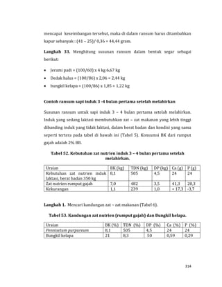 314
mencapai keseimbangan tersebut, maka di dalam ransum harus ditambahkan
kapur sebanyak : (41 – 25)/ 0,36 = 44,44 gram.
Langkah 33. Menghitung susunan ransum dalam bentuk segar sebagai
berikut:
 Jerami padi = (100/60) x 4 kg 6,67 kg
 Dedak halus = (100/86) x 2,06 = 2,44 kg
 bungkil kelapa = (100/86) x 1,05 = 1,22 kg
Contoh ransum sapi induk 3 -4 bulan pertama setelah melahirkan
Susunan ransum untuk sapi induk 3 – 4 bulan pertama setelah melahirkan.
Induk yang sedang laktasi membutuhkan zat – zat makanan yang lebih tinggi
dibanding induk yang tidak laktasi, dalam berat badan dan kondisi yang sama
seperti tertera pada tabel di bawah ini (Tabel 5). Konsumsi BK dari rumput
gajah adalah 2% BB.
Tabel 52. Kebutuhan zat nutrien induk 3 – 4 bulan pertama setelah
melahirkan.
Uraian BK (kg) TDN (kg) DP (kg) Ca (g) P (g)
Kebutuhan zat nutrien induk
laktasi, berat badan 350 kg
8,1 505 4,5 24 24
Zat nutrien rumput gajah 7,0 482 3,5 41,3 20,3
Kekurangan 1,1 239 1,0 + 17,3 -3,7
Langkah 1. Mencari kandungan zat – zat makanan (Tabel 6).
Tabel 53. Kandungan zat nutrien (rumput gajah) dan Bungkil kelapa.
Uraian BK (%) TDN (%) DP (%) Ca (%) P (%)
Pennisetum purpureum 8,1 505 4,5 24 24
Bungkil kelapa 21 8,3 50 0,59 0,29
 