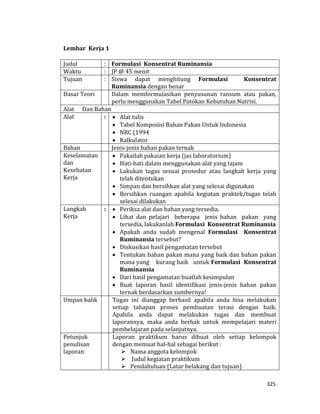 325
Lembar Kerja 1
Judul : Formulasi Konsentrat Ruminansia
Waktu : JP @ 45 menit
Tujuan : Siswa dapat menghitung Formulasi Konsentrat
Ruminansia dengan benar
Dasar Teori Dalam memformulasikan penyusunan ransum atau pakan,
perlu menggunakan Tabel Patokan Kebutuhan Nutrisi.
Alat Dan Bahan
Alat :  Alat tulis
 Tabel Komposisi Bahan Pakan Untuk Indonesia
 NRC (1994
 Kalkulator
Bahan Jenis-jenis bahan pakan ternak
Keselamatan
dan
Kesehatan
Kerja
 Pakailah pakaian kerja (jas laboratorium)
 Hati-hati dalam menggunakan alat yang tajam
 Lakukan tugas sesuai prosedur atau langkah kerja yang
telah ditentukan
 Simpan dan bersihkan alat yang selesai digunakan
 Bersihkan ruangan apabila kegiatan praktek/tugas telah
selesai dilakukan
Langkah
Kerja
:  Periksa alat dan bahan yang tersedia.
 Lihat dan pelajari beberapa jenis bahan pakan yang
tersedia, lakukanlah Formulasi Konsentrat Ruminansia
 Apakah anda sudah mengenal Formulasi Konsentrat
Ruminansia tersebut?
 Diskusikan hasil pengamatan tersebut
 Tentukan bahan pakan mana yang baik dan bahan pakan
mana yang kurang baik untuk Formulasi Konsentrat
Ruminansia
 Dari hasil pengamatan buatlah kesimpulan
 Buat laporan hasil identifikasi jenis-jenis bahan pakan
ternak berdasarkan sumbernya!
Umpan balik Tugas ini dianggap berhasil apabila anda bisa melakukan
setiap tahapan proses pembuatan terasi dengan baik.
Apabila anda dapat melakukan tugas dan membuat
laporannya, maka anda berhak untuk mempelajari materi
pembelajaran pada selanjutnya.
Petunjuk
penulisan
laporan
Laporan praktikum harus dibuat oleh setiap kelompok
dengan memuat hal-hal sebagai berikut :
 Nama anggota kelompok
 Judul kegiatan praktikum
 Pendahuluan (Latar belakang dan tujuan)
 