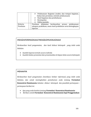 326
 Pelaksanaan Kegiatan (waktu dan tempat kegiatan,
bahan dan peralatan, metode pelaksanaan)
 Hasil kegiatan dan pembahasan
 Kesimpulan
 Daftar pustaka
Kriteria
Penilaian
Penilaian dilakukan berdasarkan proses pelaksanaan
tahapan praktikum, mutu hasil praktikum serta kelengkapan
laporan
MENGINFORMASIKAN/MENGKOMUNIKASIKAN
Berdasarkan hasil pengamatan, dan hasil diskusi kelompok yang telah anda
lakukan:
 buatlah laporan tertulis secara individu
 buatlah bahan presentasi dan presentasikan di depan kelas secara kelompok.
MENANYA
Berdasarkan hasil pengamatan (membaca lembar informasi) yang telah anda
lakukan, dan untuk meningkatkan pemahaman anda tentang Formulasi
Konsentrat Ruminansia lakukan diskusi kelompok dan jawablah pertanyaan –
pertanyaan berikut ini:
 Apa yang anda ketahui tentang Formulasi Konsentrat Ruminansia
 Berikan contoh Formulasi Konsentrat Ruminansia Sapi Penggemukan
 