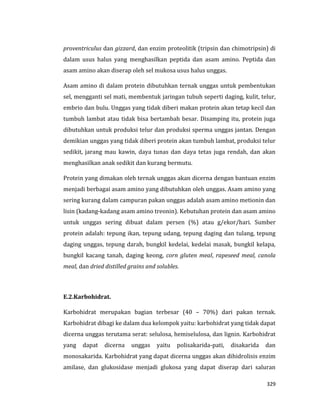 329
proventriculus dan gizzard, dan enzim proteolitik (tripsin dan chimotripsin) di
dalam usus halus yang menghasilkan peptida dan asam amino. Peptida dan
asam amino akan diserap oleh sel mukosa usus halus unggas.
Asam amino di dalam protein dibutuhkan ternak unggas untuk pembentukan
sel, mengganti sel mati, membentuk jaringan tubuh seperti daging, kulit, telur,
embrio dan bulu. Unggas yang tidak diberi makan protein akan tetap kecil dan
tumbuh lambat atau tidak bisa bertambah besar. Disamping itu, protein juga
dibutuhkan untuk produksi telur dan produksi sperma unggas jantan. Dengan
demikian unggas yang tidak diberi protein akan tumbuh lambat, produksi telur
sedikit, jarang mau kawin, daya tunas dan daya tetas juga rendah, dan akan
menghasilkan anak sedikit dan kurang bermutu.
Protein yang dimakan oleh ternak unggas akan dicerna dengan bantuan enzim
menjadi berbagai asam amino yang dibutuhkan oleh unggas. Asam amino yang
sering kurang dalam campuran pakan unggas adalah asam amino metionin dan
lisin (kadang-kadang asam amino treonin). Kebutuhan protein dan asam amino
untuk unggas sering dibuat dalam persen (%) atau g/ekor/hari. Sumber
protein adalah: tepung ikan, tepung udang, tepung daging dan tulang, tepung
daging unggas, tepung darah, bungkil kedelai, kedelai masak, bungkil kelapa,
bungkil kacang tanah, daging keong, corn gluten meal, rapeseed meal, canola
meal, dan dried distilled grains and solubles.
E.2.Karbohidrat.
Karbohidrat merupakan bagian terbesar (40 – 70%) dari pakan ternak.
Karbohidrat dibagi ke dalam dua kelompok yaitu: karbohidrat yang tidak dapat
dicerna unggas terutama serat: selulosa, hemiselulosa, dan lignin. Karbohidrat
yang dapat dicerna unggas yaitu polisakarida-pati, disakarida dan
monosakarida. Karbohidrat yang dapat dicerna unggas akan dihidrolisis enzim
amilase, dan glukosidase menjadi glukosa yang dapat diserap dari saluran
 