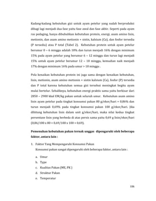 336
Kadang-kadang kebutuhan gizi untuk ayam petelur yang sudah berproduksi
dibagi lagi menjadi dua fase yaitu fase awal dan fase akhir. Seperti pada ayam
ras pedaging, hanya dibubuhkan kebutuhan protein, energi, asam amino lisin,
metionin, dan asam amino metionin + sistin, kalsium (Ca), dan fosfor tersedia
(P tersedia) atau P total (Tabel 2). Kebutuhan protein untuk ayam petelur
berumur 0 – 6 minggu adalah 18% dan turun menjadi 16% dengan minimum
15% pada ayam petelur yang berumur 6 – 12 minggu dan turun lagi menjadi
15% untuk ayam petelur berumur 12 – 18 minggu, kemudian naik menjadi
17% dengan minimum 16% pada umur > 18 minggu .
Pola kenaikan kebutuhan protein ini juga sama dengan kenaikan kebutuhan,
lisin, metionin, asam amino metionin + sistin kalsium (Ca), fosfor (P) tersedia
dan P total karena kebutuhan semua gizi tersebut meningkat begitu ayam
mulai bertelur. Sebaliknya, kebutuhan energi praktis sama yaitu berkisar dari
2850 – 2900 kkal EM/kg pakan untuk seluruh umur. Kebutuhan asam amino
lisin ayam petelur pada tingkat konsumsi pakan 80 g/ekor/hari = 0,86% dan
turun menjadi 0,69% pada tingkat konsumsi pakan 100 g/ekor/hari. Jika
dihitung kebutuhan lisin dalam unit g/ekor/hari, maka nilai kedua tingkat
persentase lisin yang berbeda di atas persis sama yaitu 0,69 g lisin/ekor/hari
(0,86/100 x 80 = 0,69/100 x 100 = 0,69).
Pemenuhan kebutuhan pakan ternak unggas dipengaruhi oleh beberapa
faktor, antara lain :
1. Faktor Yang Mempengaruhi Konsumsi Pakan
Konsumsi pakan sangat dipengaruhi oleh beberapa faktor, antara lain :
a. Umur
b. Type
c. Kualitas Pakan (ME, PK )
d. Struktur Pakan
e. Temperatur
 