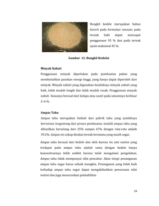 24
Bungkil kedele merupakan bahan
favorit pada formulasi ransum; pada
ternak babi dapat mencapai
penggunaan 93 % dan pada ternak
ayam maksimal 45 %.
Gambar 12. Bungkil Kedelai
Minyak Nabati
Penggunaan minyak diperlukan pada pembuatan pakan yang
membutuhkan pasokan energi tinggi, yang hanya dapat diperoleh dari
minyak. Minyak nabati yang digunakan hendaknya minyak nabati yang
baik, tidak mudah tengik dan tidak mudah rusak. Penggunaan minyak
nabati biasanya berasal dari kelapa atau sawit pada umumnya berkisar
2–6 %.
Ampas Tahu
Ampas tahu merupakan limbah dari pabrik tahu yang jumlahnya
bervariasi tergantung dari proses pembuatan. Jumlah ampas tahu yang
dihasilkan berselang dari 25% sampai 67% dengan rata-rata adalah
39.2%. Ampas ini cukup disukai ternak terutama yang masih segar.
Ampas tahu berasal dari kedele dan oleh karena itu anti nutrisi yang
terdapat pada ampas tahu adalah sama dengan kedele hanya
konsentrasinya lebih sedikit karena telah mengalami pengolahan.
Ampas tahu tidak mempunyai sifat pencahar. Akan tetapi penanganan
ampas tahu segar harus sebaik mungkin, Penanganan yang tidak baik
terhadap ampas tahu segar dapat mengakibattkan penurunan nilai
nutrisi dan juga menurunkan palatabilitas
 