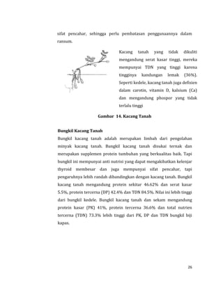 26
sifat pencahar, sehingga perlu pembatasan penggunaannya dalam
ransum.
Kacang tanah yang tidak dikuliti
mengandung serat kasar tinggi, mereka
mempunyai TDN yang tinggi karena
tingginya kandungan lemak (36%).
Seperti kedele, kacang tanah juga defisien
dalam carotin, vitamin D, kalsium (Ca)
dan mengandung phospor yang tidak
terlalu tinggi
Gambar 14. Kacang Tanah
Bungkil Kacang Tanah
Bungkil kacang tanah adalah merupakan limbah dari pengolahan
minyak kacang tanah. Bungkil kacang tanah disukai ternak dan
merupakan supplemen protein tumbuhan yang berkualitas baik. Tapi
bungkil ini mempunyai anti nutrisi yang dapat mengakibatkan kelenjar
thyroid membesar dan juga mempunyai sifat pencahar, tapi
pengaruhnya lebih randah dibandingkan dengan kacang tanah. Bungkil
kacang tanah mengandung protein sekitar 46.62% dan serat kasar
5.5%, protein tercerna (DP) 42.4% dan TDN 84.5%. Nilai ini lebih tinggi
dari bungkil kedele. Bungkil kacang tanah dan sekam mengandung
protein kasar (PK) 41%, protein tercerna 36.6% dan total nutrien
tercerna (TDN) 73.3% lebih tinggi dari PK, DP dan TDN bungkil biji
kapas.
 
