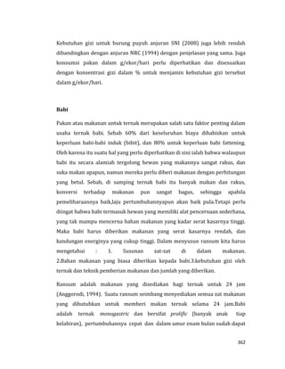 362
Kebutuhan gizi untuk burung puyuh anjuran SNI (2008) juga lebih rendah
dibandingkan dengan anjuran NRC (1994) dengan penjelasan yang sama. Juga
konsumsi pakan dalam g/ekor/hari perlu diperhatikan dan disesuaikan
dengan konsentrasi gizi dalam % untuk menjamin kebutuhan gizi tersebut
dalam g/ekor/hari.
Babi
Pakan atau makanan untuk ternak merupakan salah satu faktor penting dalam
usaha ternak babi. Sebab 60% dari keseluruhan biaya dihabiskan untuk
keperluan babi-babi induk (bibit), dan 80% untuk keperluan babi fattening.
Oleh karena itu suatu hal yang perlu diperhatikan di sini ialah bahwa walaupun
babi itu secara alamiah tergolong hewan yang makannya sangat rakus, dan
suka makan apapun, namun mereka perlu diberi makanan dengan perhitungan
yang betul. Sebab, di samping ternak babi itu banyak makan dan rakus,
konversi terhadap makanan pun sangat bagus, sehingga apabila
pemeliharaannya baik,laju pertumbuhannyapun akan baik pula.Tetapi perlu
diingat bahwa babi termasuk hewan yang memiliki alat pencernaan sederhana,
yang tak mampu mencerna bahan makanan yang kadar serat kasarnya tinggi.
Maka babi harus diberikan makanan yang serat kasarnya rendah, dan
kandungan energinya yang cukup tinggi. Dalam menyusun ransum kita harus
mengetahui : 1. Susunan zat-zat di dalam makanan.
2.Bahan makanan yang biasa diberikan kepada babi.3.kebutuhan gizi oleh
ternak dan teknik pemberian makanan dan jumlah yang diberikan.
Ransum adalah makanan yang disediakan bagi ternak untuk 24 jam
(Anggorodi, 1994). Suatu ransum seimbang menyediakan semua zat makanan
yang dibutuhkan untuk memberi makan ternak selama 24 jam.Babi
adalah ternak monogastric dan bersifat prolific (banyak anak tiap
kelahiran), pertumbuhannya cepat dan dalam umur enam bulan sudah dapat
 