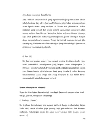 369
c) Sodium, potassium dan chlorine
Ada 3 macam unsur mineral, yang diperoleh sebagai garam dalam cairan
tubuh, keringat dan saliva (air ludah).Chlorine diperlukan untuk membuat
asam hydro-chloric yang terdapat di dalam alat pencernaan. Bahan
makanan yang berasal dari hewan seperti tepung ikan hanya kaya akan
unsure sodium dan chlorine. Sedangkan bahan makanan hijauan biasanya
kaya akan potassium. Babi yang mendapatkan garam terlampau banyak
dapat menimbulkan keracunan. Tetapi hal ini tak mungkin terjadi, jika
rasum yang diberikan itu dalam imbangan yang sesuai dengna persediaan
air minum yang cukup dan bersih.
d) Besi (Fe)
Zat besi merupakan unsure yang sangat penting di dalam darah, yakni
untuk membentuk haemoglobine yang berguna untuk mengangkut O2
(Oxygen) ke seluruh tubuh. Definisenzi zat besi (Fe) menyebabkan anemi,
yang biasa diderita oleh babi-babi kecil yang berada di dalam kandang
terus-menerus. Akan tetapi babi yang hidupnya di atas tanah terus-
menerus tidak akan kekurangan zat besi.
Unsur Minor (Trace Mineral)
Unsur ini diperlukan dalam jumlah yang kecil. Termasuk unsure minar ialah :
tenaga, yodium, manga dan zinc (seng).
a) Tembaga (Copper)
Zat tembaga berhubungan erat dengan zat besi dalam pembentukan darah.
Pada babi, unsur tersebut juga penting bagi pertumbuhan dan konversi
makanan. Kekurangan unsur ini akan menyebabkan babi mudah scours
(mencret)
 