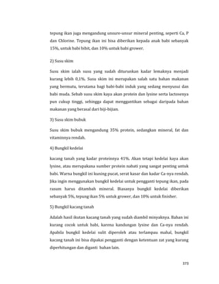 373
tepung ikan juga mengandung unsure-unsur mineral penting, seperti Ca, P
dan Chlorine. Tepung ikan ini bisa diberikan kepada anak babi sebanyak
15%, untuk babi bibit, dan 10% untuk babi grower.
2) Susu skim
Susu skim ialah susu yang sudah diturunkan kadar lemaknya menjadi
kurang lebih 0,1%. Susu skim ini merupakan salah satu bahan makanan
yang bermutu, terutama bagi babi-babi induk yang sedang menyusui dan
babi muda. Sebab susu skim kaya akan protein dan lysine serta lactosenya
pun cukup tinggi, sehingga dapat menggantikan sebagai daripada bahan
makanan yang berasal dari biji-bijian.
3) Susu skim bubuk
Susu skim bubuk mengandung 35% protein, sedangkan mineral, fat dan
vitaminnya rendah.
4) Bungkil kedelai
kacang tanah yang kadar proteinnya 41%. Akan tetapi kedelai kaya akan
lysine, atau merupakana sumber protein nabati yang sangat penting untuk
babi. Warna bungkil ini kuning pucat, serat kasar dan kadar Ca-nya rendah.
Jika ingin menggunakan bungkil kedelai untuk pengganti tepung ikan, pada
rasum harus ditambah mineral. Biasanya bungkil kedelai diberikan
sebanyak 5%, tepung ikan 5% untuk grower, dan 10% untuk finisher.
5) Bungkil kacang tanah
Adalah hasil ikutan kacang tanah yang sudah diambil minyaknya. Bahan ini
kurang cocok untuk babi, karena kandungan lysine dan Ca-nya rendah.
Apabila bungkil kedelai sulit diperoleh atau terlampau mahal, bungkil
kacang tanah ini bisa dipakai pengganti dengan ketentuan zat yang kurang
diperhitungan dan diganti bahan lain.
 