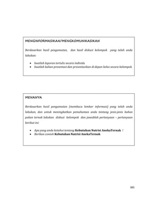 383
MENGINFORMASIKAN/MENGKOMUNIKASIKAN
Berdasarkan hasil pengamatan, dan hasil diskusi kelompok yang telah anda
lakukan:
 buatlah laporan tertulis secara individu
 buatlah bahan presentasi dan presentasikan di depan kelas secara kelompok.
MENANYA
Berdasarkan hasil pengamatan (membaca lembar informasi) yang telah anda
lakukan, dan untuk meningkatkan pemahaman anda tentang jenis-jenis bahan
pakan ternak lakukan diskusi kelompok dan jawablah pertanyaan – pertanyaan
berikut ini:
 Apa yang anda ketahui tentang Kebutuhan Nutrisi AnekaTernak !
 Berikan contoh Kebutuhan Nutrisi AnekaTernak
 
