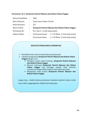 384
Pertemuan Ke 6 Komposisi Nutrisi Hijauan dan Bahan Pakan Unggas
Satuan Pendidikan : SMK
Mata Pelajaran : Dasar-dasar Pakan Ternak
Kelas/Semester : X/1
Materi Pokok : Komposisi Nutrisi Hijauan dan Bahan Pakan Unggas
Pertemuan Ke- : Ke 1 dan 2 ( 2 kali tatap muka)
Alokasi Waktu : Pertemuan kesatu : 4 x 45 Menit (1 kali tatap muka)
Pertemuan kedua : 4 x 45 Menit (1 kali tatap muka)
KEGIATAN MENGAMATI/OBSERVASI
 Bentuklah kelas Anda menjadi beberapa kelompok
 Lakukan pengamatan Komposisi Nutrisi Hijauan dan Bahan Pakan
Unggas dengan cara :
 Membaca uraian materi tentang Komposisi Nutrisi Hijauan
dan Bahan Pakan Unggas
 Mencari informasi Komposisi Nutrisi Hijauan dan Bahan
Pakan Unggas dari berbagai sumber (dari internet,
wawancara dengan pihak industri, dari bahan ajar lain)
 Mengamati suatu proses Komposisi Nutrisi Hijauan dan
Bahan Pakan Unggas
Jangan lupa… kaidah dalam prensentasi, biasakan memberi salam, tertib,
siswa aktif, tanggungjawab, disiplin dan kerjasama
 