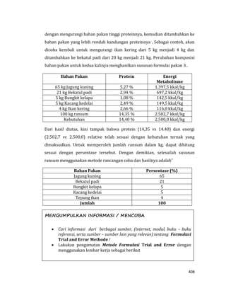 408
dengan mengurangi bahan pakan tinggi proteinnya, kemudian ditambahkan ke
bahan pakan yang lebih rendah kandungan proteinnya . Sebagai contoh, akan
dicoba kembali untuk mengurangi ikan kering dari 5 kg menjadi 4 kg dan
ditambahkan ke bekatul padi dari 20 kg menjadi 21 kg. Perubahan komposisi
bahan pakan untuk kedua kalinya menghasilkan susunan formulai pakan 3 .
Bahan Pakan Protein Energi
Metabolisme
65 kg Jagung kuning 5,27 % 1.397,5 kkal/kg
21 kg Bekatul padi 2,94 % 697,2 kkal/kg
5 kg Bungkit kelapa 1,08 % 142,5 kkal/kg
5 kg Kacang kedelai 2,49 % 149,5 kkal/kg
4 kg Ikan kering 2,66 % 116,0 kkal/kg
100 kg ransum 14,35 % 2.502,7 kkal/kg
Kebutuhan 14,40 % 2.500,0 kkal/kg
Dari hasil diatas, kini tampak bahwa protein (14,35 vs 14.40) dan energi
(2.502,7 vc 2.500,0) relative telah sesuai dengan kebutuhan ternak yang
dimaksudkan. Untuk memperoleh jumlah ransum dalam kg, dapat dihitung
sesuai dengan persentase tersebut. Dengan demikian, selesailah susunan
ransum menggunakan metode rancangan coba dan hasilnya adalah”
Bahan Pakan Persentase (%)
Jagung kuning 65
Bekatul padi 21
Bungkit kelapa 5
Kacang kedelai 5
Tepung ikan 4
Jumlah 100
MENGUMPULKAN INFORMASI / MENCOBA
 Cari informasi dari berbagai sumber, (internet, modul, buku – buku
referensi, serta sumber – sumber lain yang relevan) tentang Formulasi
Trial and Error Methode !
 Lakukan pengamatan Metode Formulasi Trial and Error dengan
menggunakan lembar kerja sebagai berikut
 