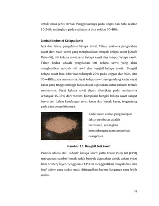 31
untuk emua jenis ternak. Penggunaannya pada ungas dan babi sekitar
10-24%, sedangkan pada ruminansia bisa sekitar 30-40%.
Limbah Industri Kelapa Sawit
Ada dua tahap pengolahan kelapa sawit. Tahap pertama pengolahan
sawit dari buah sawit yang menghasilkan minyak kelapa sawit (Crude
Palm Oil), inti kelapa sawit, serat kelapa sawit dan lumpur kelapa sawit.
Tahap kedua adalah pengolahan inti kelapa sawit yang akan
menghasilkan minyak inti sawit dan bungkil kelapa sawit. Bungkil
kelapa sawit bisa diberikan sebanyak 20% pada unggas dan babi, dan
30—40% pada ruminansia. Serat kelapa sawit mengandung kadar serat
kasar yang tinggi sehingga hanya dapat digunakan untuk ransum ternak
ruminansia. Serat kelapa sawit dapat diberikan pada ruminansia
sebanyak 15-35% dari ransum. Komposisi bungkil kelapa sawit sangat
bervariasi dalam kandungan serat kasar dan lemak kasar, tergantung
pada cara pengolahannya.
Kadar asam amino yang menjadi
faktor pembatas adalah
methionin, sedangkan
keseimbangan asam amino lain
cukup baik.
Gambar 15. Bungkil Inti Sawit
Produk utama dari industri kelapa sawit yaitu Crude Palm Oil (CPO)
merupakan sumber lemak sudah banyak digunakan untuk pakan ayam
baik broiler/ layer. Penggunaan CPO ini menggantikan minyak ikan dan
beef tallow yang sudah mulai ditinggalkan karena harganya yang lebih
mahal.
 